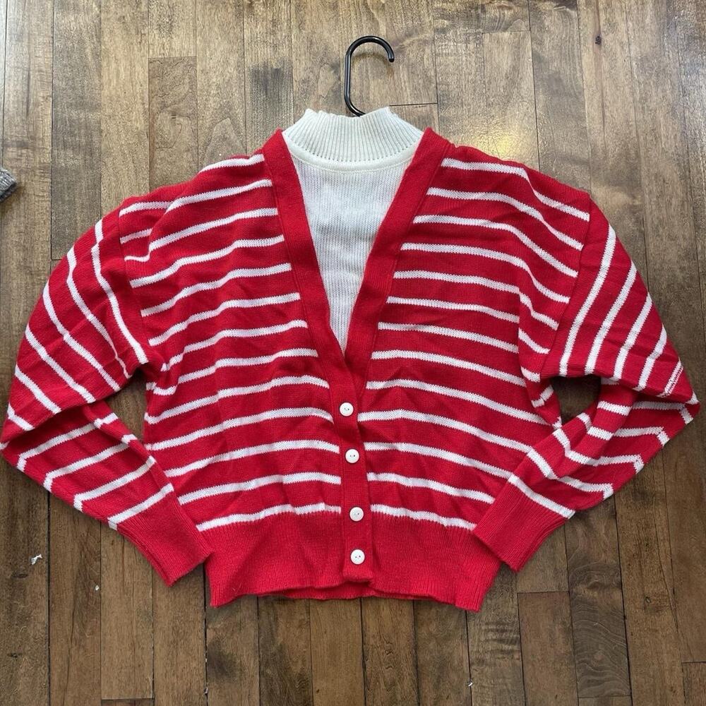 Vintage 1970s Red And White Striped Cardigan With Built In Turtleneck Size M